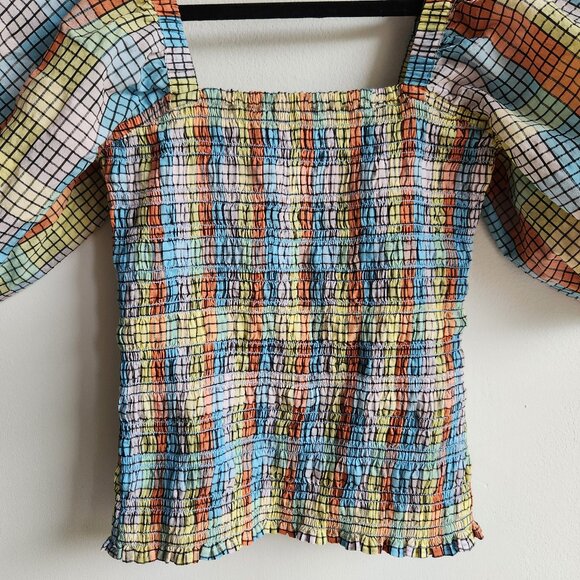 GANNI Shirred Puff Sleeve Seersucker Top in Pastel Check - US 4 (S) - Picture 5 of 16